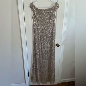 Off the shoulder sequin beaded gown in Champagne